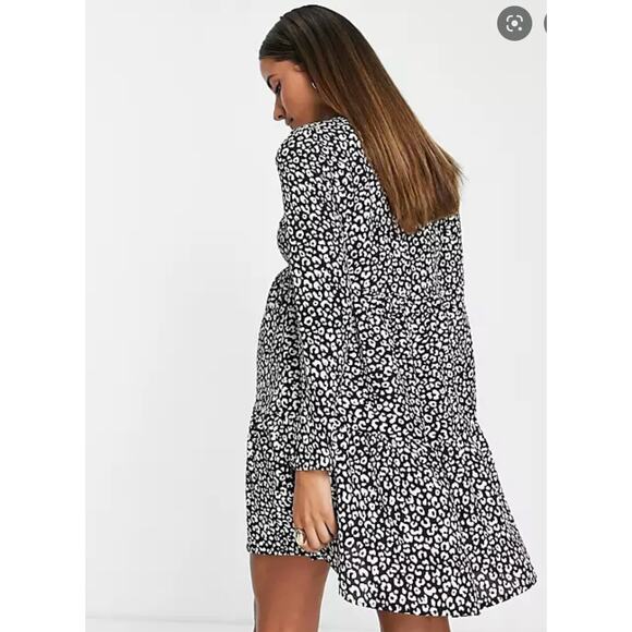ASOS Maternity Mono Animal Print Long Sleeve Tiered Mini Dress Size 10 Black - Picture 2 of 9